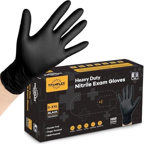 TitanFlex Disposable Nitrile Exam Gloves, 6-mil, Black, Heavy Duty, Latex Free, Food Safe for Cooking & Food Prep M