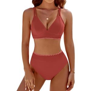 BMJL Women's Bikini Sets V Neck High Waisted Swimsuits Shell Stitched Cheeky Two Piece Bathing Suit (Medium)
