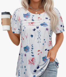 Womens Summer Short Sleeve Tops Pleated Shirts Crewneck Outfit Puff Sleeve Blouses Casual Tunic Blue Flower, Size Large