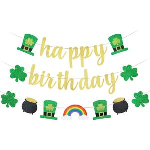 Gold Happy Birthday St Patricks Day Banner St Patrick's Day Birthday Banner for Saint Patricks Day Birthday Party Decorations