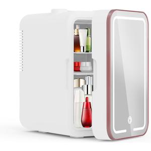 Mini Fridge for Bedroom, 6L Skincare Fridge with LED Mirror for Dorm & Office, Portable Cooler & Warmer Small Compact Refrigerator for Skincare, Makeup and Cosmetics