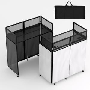 LUCKUP Portable DJ Booth 41"L x 20"W DJ Facade with White & Black Scrim, Foldable DJ Table Station with Adjustable Feet for Party, Black Metal Frame, 41.3"Lx19.7"W