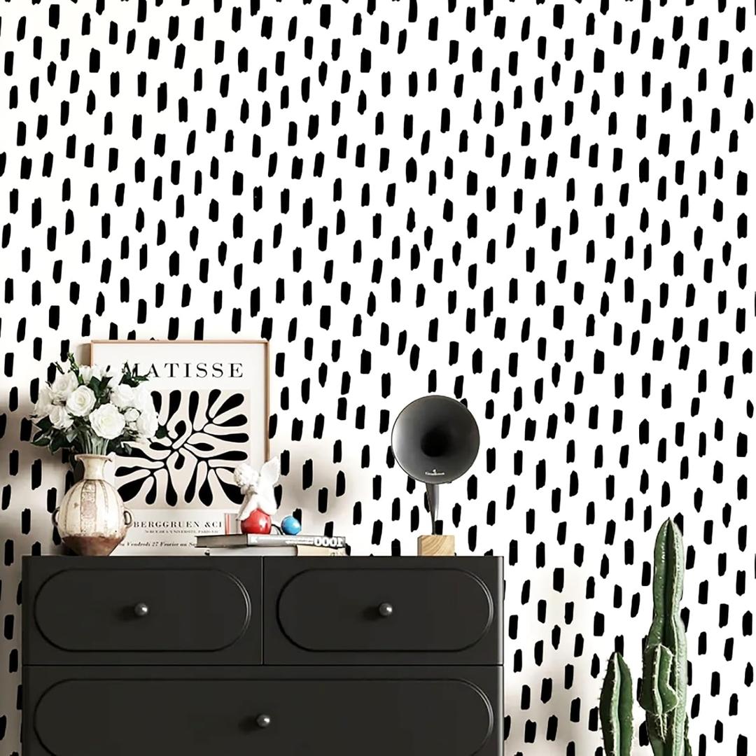 HAOKHOME Black Peel and Stick Wallpaper Modern Dots Wall Paper Removable for Bathroom Black/White Contact Paper 17.3in x 32.8ft