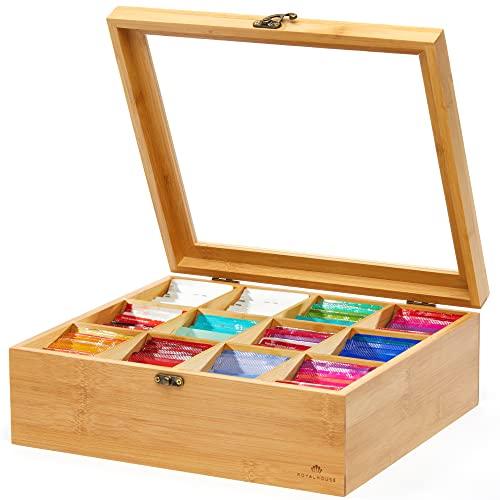 Amazon.com: RoyalHouse Big Natural Bamboo Tea Storage Organizer with Clear Acrylic Top Window, 12 Compartments Eco-Friendly Tea Bag Holder, Multi-Functional Storage Box: Home & Kitchen