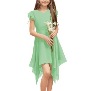Galawaqe Kids Chiffon Cute A-Line Short Dress with Asymmetrical Layered Ruffled Bow Tie Teen Girl Bridesmaid Dress Green (Green)