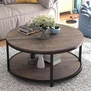 NSdirect Round Coffee Table, 36" Coffee Table for Living Room,2-Tier Rustic Wood Desktop with Storage Shelf Modern Design Home Furniture (Light Walnut) (36 in)