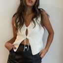Women Crochet Knit Vest Top Y2k V Neck Sleeveless Vintage Hollow Out Crop Tops Summer Casual Streetwear (White, M)