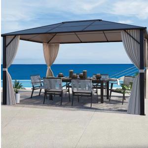 EROMMY 10’ x 13’ Patio Hardtop Gazebo Aluminum Frame Gazebos with Netting & Curtain, Outdoor Polycarbonate Gazebo For Garden, Patio, Lawns