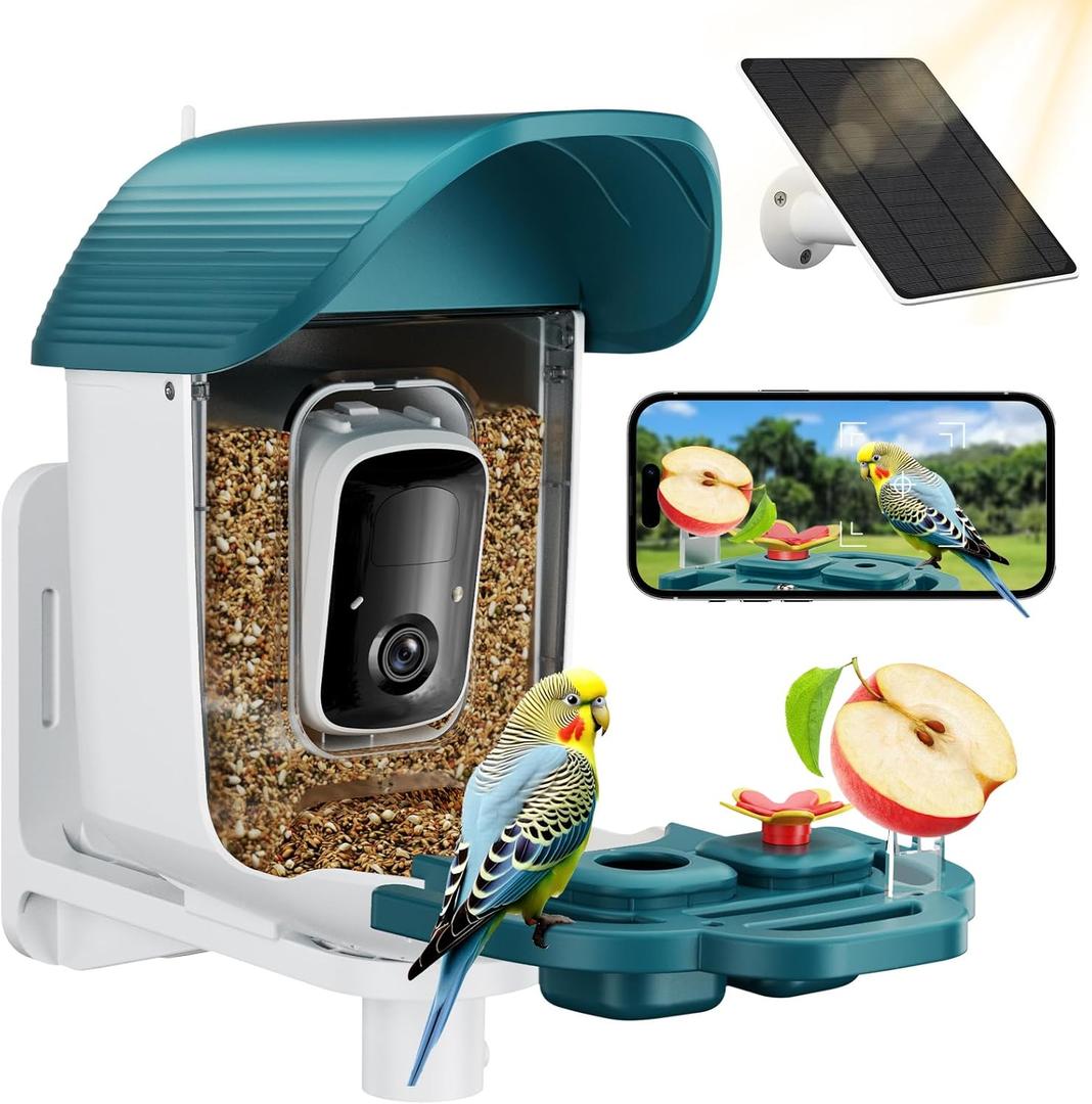 Bird Feeder with Camera, Solar Powered Outdoor Birdhouse, AI Smart Identify 10000+ Birds Species, Instant Motion Detection & Alerts, Watching & Capture BirdVideo, Gifts for Bird-Lovers(Cyan-Blue)