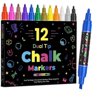 12 Dual Tip Liquid Chalk Markers - Erasable Marker Pens for Blackboard, Chalkboard Signs, Glass, Chalk Pens Wet Erase Makers for Bar Menu, School,Wedding Sign, Just Married Car Windows Decorations