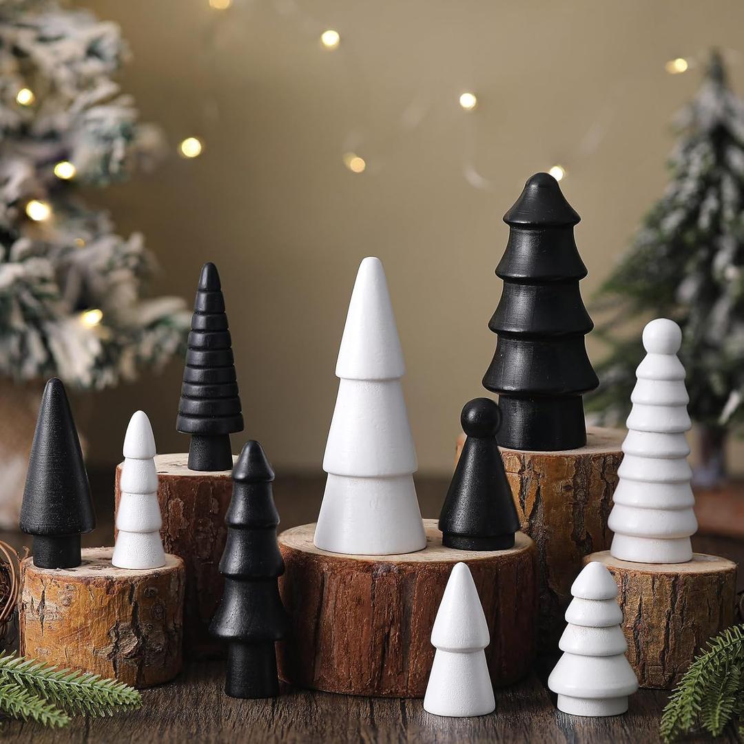 Roowest 10 Pcs Mini Wooden Christmas Tree Wood Christmas Tree Small Figurine Neutral Modern Farmhouse Xmas Table Decorations Xmas Tabletop Centerpiece Ornaments for Crafts Home Office(Black and White)