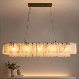 48 Inch 12-Light Alabaster Oval Chandelier, Modern Gold Finish 2-Tier Spanish Natural Marble Large Pendant Light, Perfect for High Ceilings Dining Over Table, Kitchen Island, Living Room