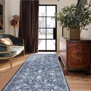 KILOCOCO Hallway Runner 2.6x8 Rug Runner Printed Vintage Floral Washable Kitchen Runners Non-Slip Rubber Backed Runners for Hallways Laundry Room Distressed Boho Rugs for Entryway Bedroom, Blue (Blue/Navy/White)