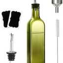Olive Oil Dispenser Bottle, 1 Pcs Green Glass Olive Oil Dispenser and Vinegar Dispenser Set with 2 Stainless Steel Pourers, 2Labels,1 Brush and 1 Funnel Oil Bottles for Kitchen, 17 oz(500ml)