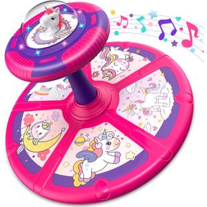 Flooyes Unicorn Sit and Spin Toys for Toddlers Girls 1 2 3 Years Old, Birthday Gifts for 2-4, with LED and Music, 360 Spin (Pink)