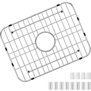GUUKIN Sink Protectors for Kitchen Sink Bottom, 18" x 12-1/2"Stainless Steel Sink Protector with Center Drain Hole, Grid Rack Mat with Extra Replacement White Rubber Fee