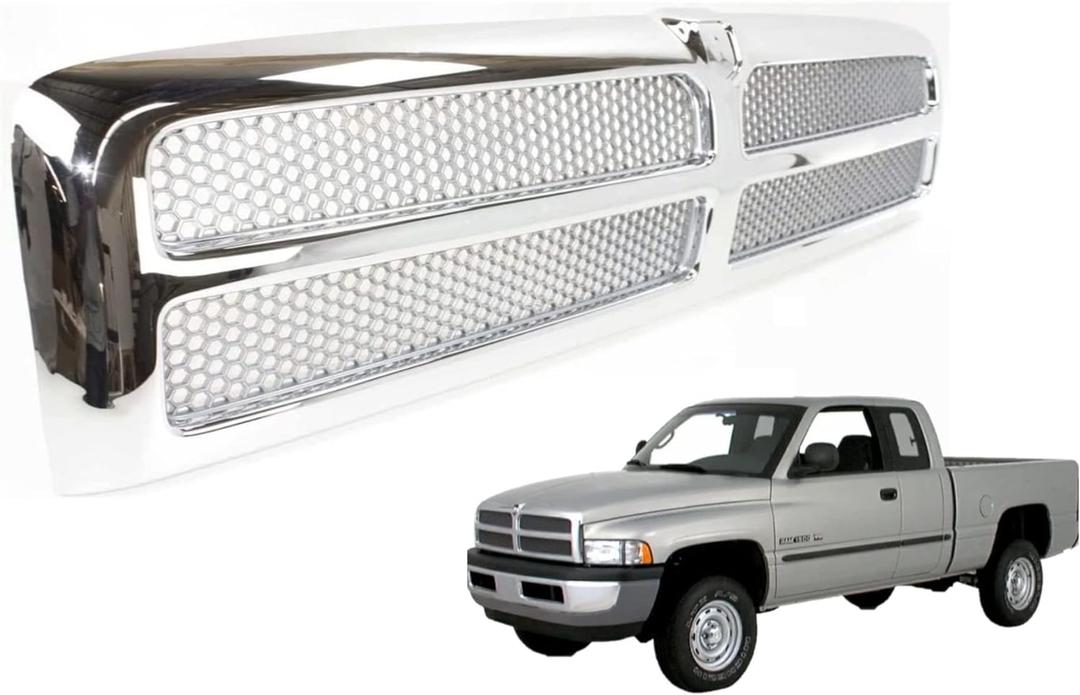 Front Grille Assembly Compatible With Dodge Ram 1500 Grill 1994-2002 / Ram 2500 3500 1994-2001 With Chrome Frame Shell With Chrome Honeycomb Mesh Insert (Except Sport Package)