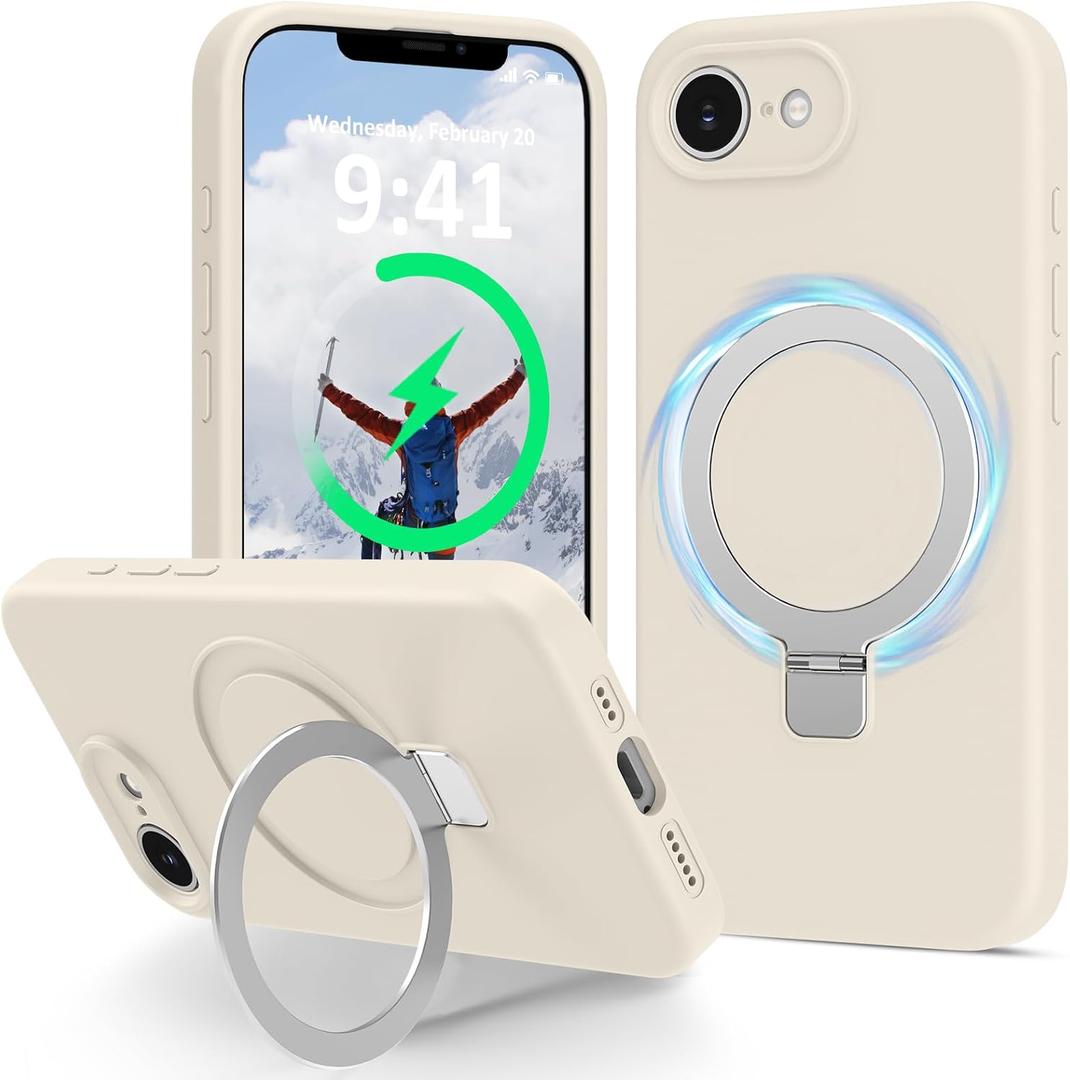 for iPhone 17e / iPhone 16e Case Stand, Slim Liquid Silicone Phone Cases Compatible with MagSafe Magnetic Ring Kickstand Case Full Camera Protection for iPhone 17e / iPhone 16e 6.1", White