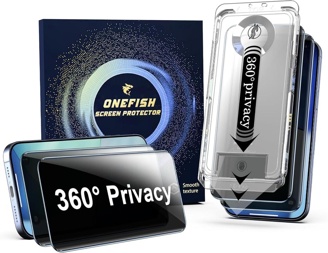 OneFish for iPhone 17 Pro Privacy Screen Protector - 4 Way 360 Anti Spy Bubble Free, Easy Installation with Auto Dust-Elimination for 17 Pro (2 PCS Privacy)