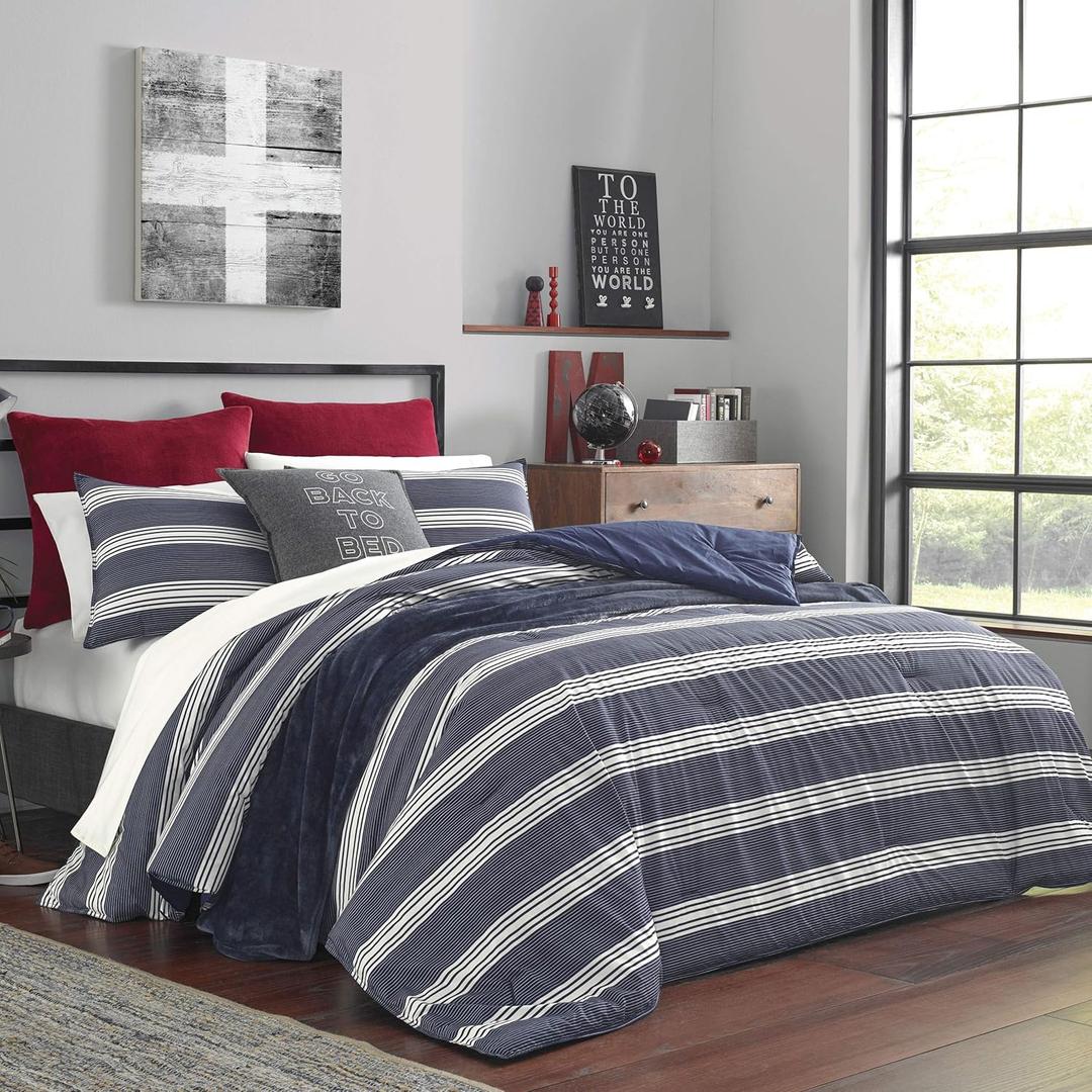 Nautica - King Comforter Set, Comforter Set, Soft & Reversible Cotton Bed Set for Year Round Comfort, 3 Piece Striped Bedding with Matching Pillowcases (Craver Navy)