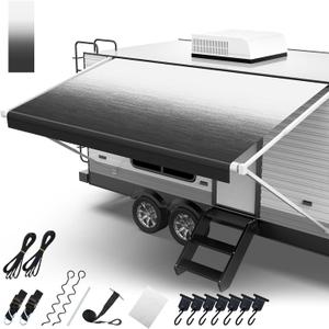 RV Awning Fabric Replacement, 19.5oz Heavy Duty Vinyl, with Tie Down Kits & 7 Hooks & Pull Strap for Trailer Camper Awning- 13'(Fabric 12'2"), Black Gray Fade