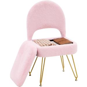 Vanity Stool Chair with Folding Back, Storage Ottomans Faux Fur Vanity Chair, Multifunctional Upholstered Footstool with 4 Metal Legs with Anti-Slip Feet for Bedroom Living Room Entryway (Pink)