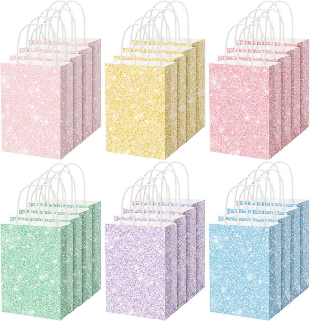 SilTriangle 24 Pcs Glitter Pastel Party Favor Bags with Handles Pastel Christmas Gift Bags Bulk Colored Paper Goodie Packaging Birthday Holiday Party Supplies, 5.91 x 3.15 x 8.27 Inches, 6 Color