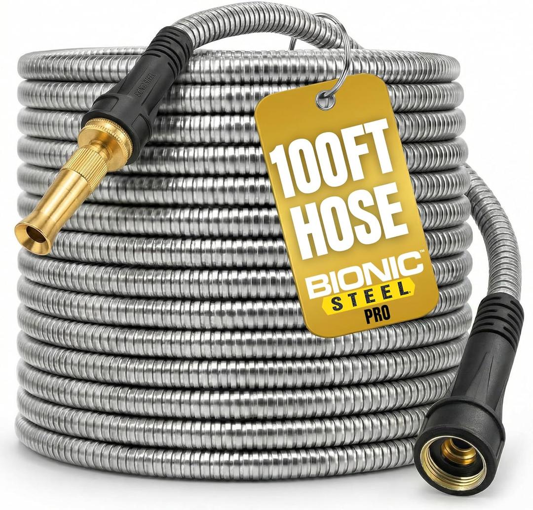 Bionic Steel PRO 100 Ft Garden Hose with Nozzle, Premium 304 Stainless Steel Metal Water Hose 100Ft Flexible Hose, Rust Proof, Lightweight, Heavy Duty, Crush Resistant Fittings, 500 PSI, 2025 Model