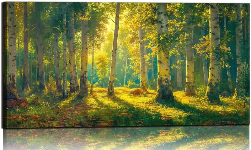 Arts-Green View White Birch Forest Canvas Painting Wall Art Decor Fall Artwork Modern Green Nature Artwork for Living Room Kitchen Bedroom Bathroom Office and Hallway Wall Decor 40" x 20" Inch