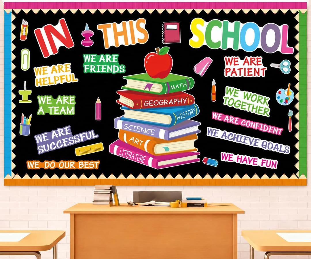 4 x Motivational Bulletin Board Decoration Set Classroom Affirmation Station Bulletin Board in This School Classroom Cutouts for Back to School Elementary Home Wall Door Supplies