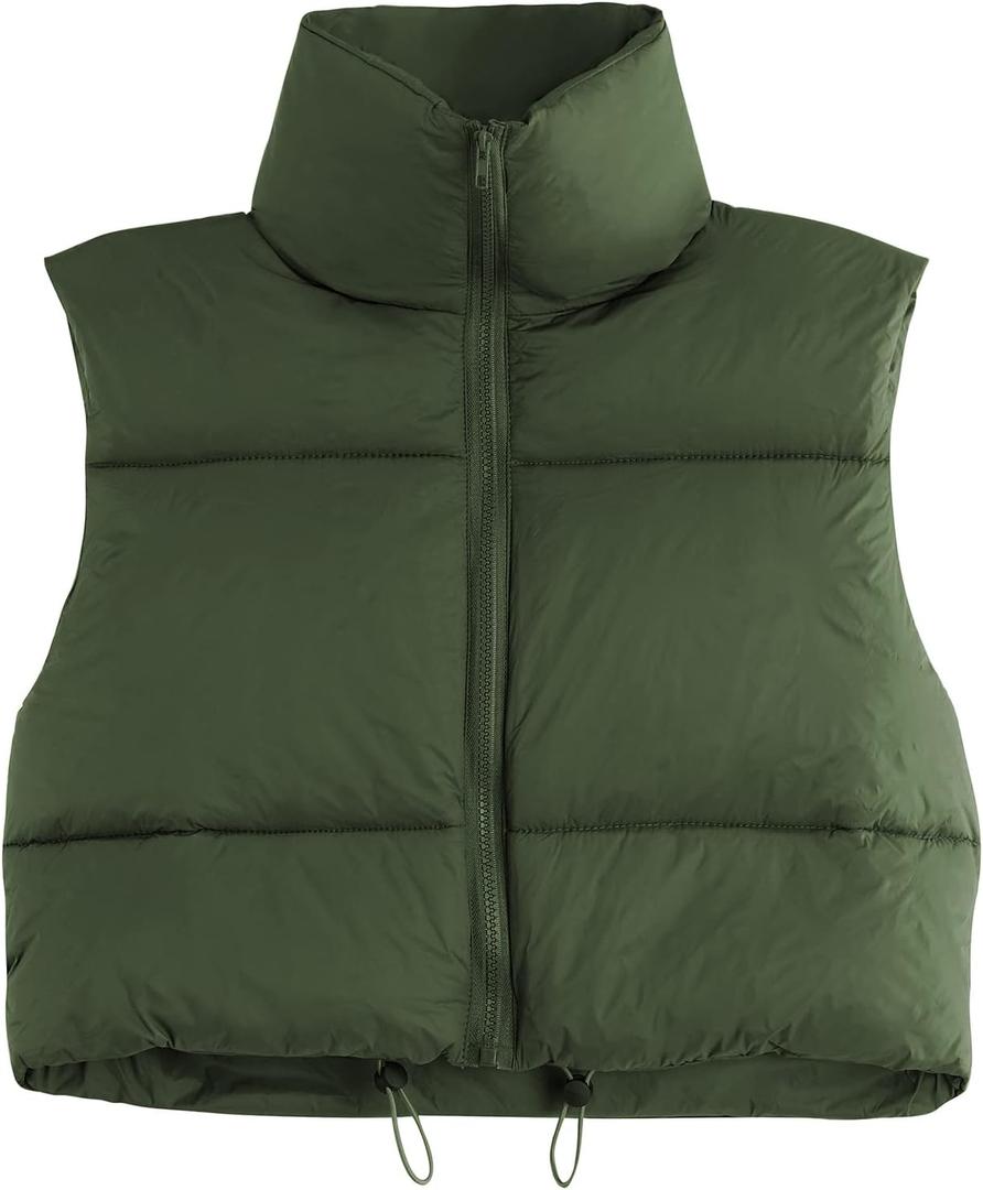 Century Star Cropped Puffer Vest Women's Outerwear Vests Puffy Sleeveless 2024 Quilted Christmas Vest Tops Jackets Coat Zip (Medium, Olive Green)