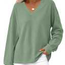 MASCOMODA Womens Tops Casual V Neck Waffle Knit Long Sleeve Shirts Trendy Loose Tunic Pullover Work Blouses Fall Outfits(Green,Medium) (Green, M)