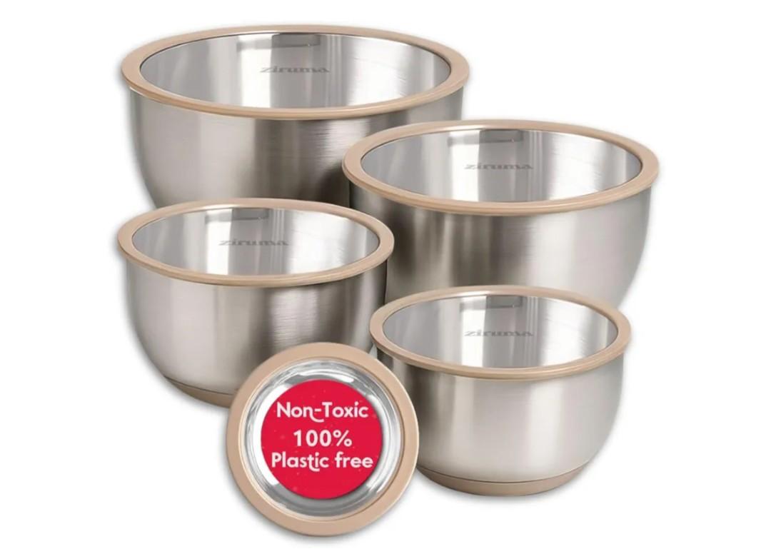 Ziruma Non-Toxic Mixing Bowls with Lids Set, Stainless Steel & Glass, 5 Pcs Plastic Free Bowls with Silicone Non-Slip Base, Dishwasher Safe Mixing Bowl Set