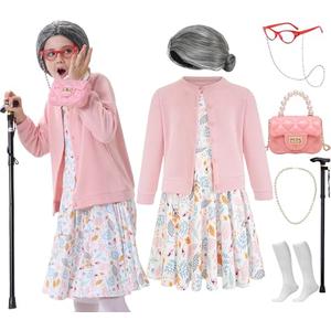 ZeroShop 100 Days of School Kids 100 Day Old Lady Costume Girls Granny Dress up 100 Year Grandma,4 Pink