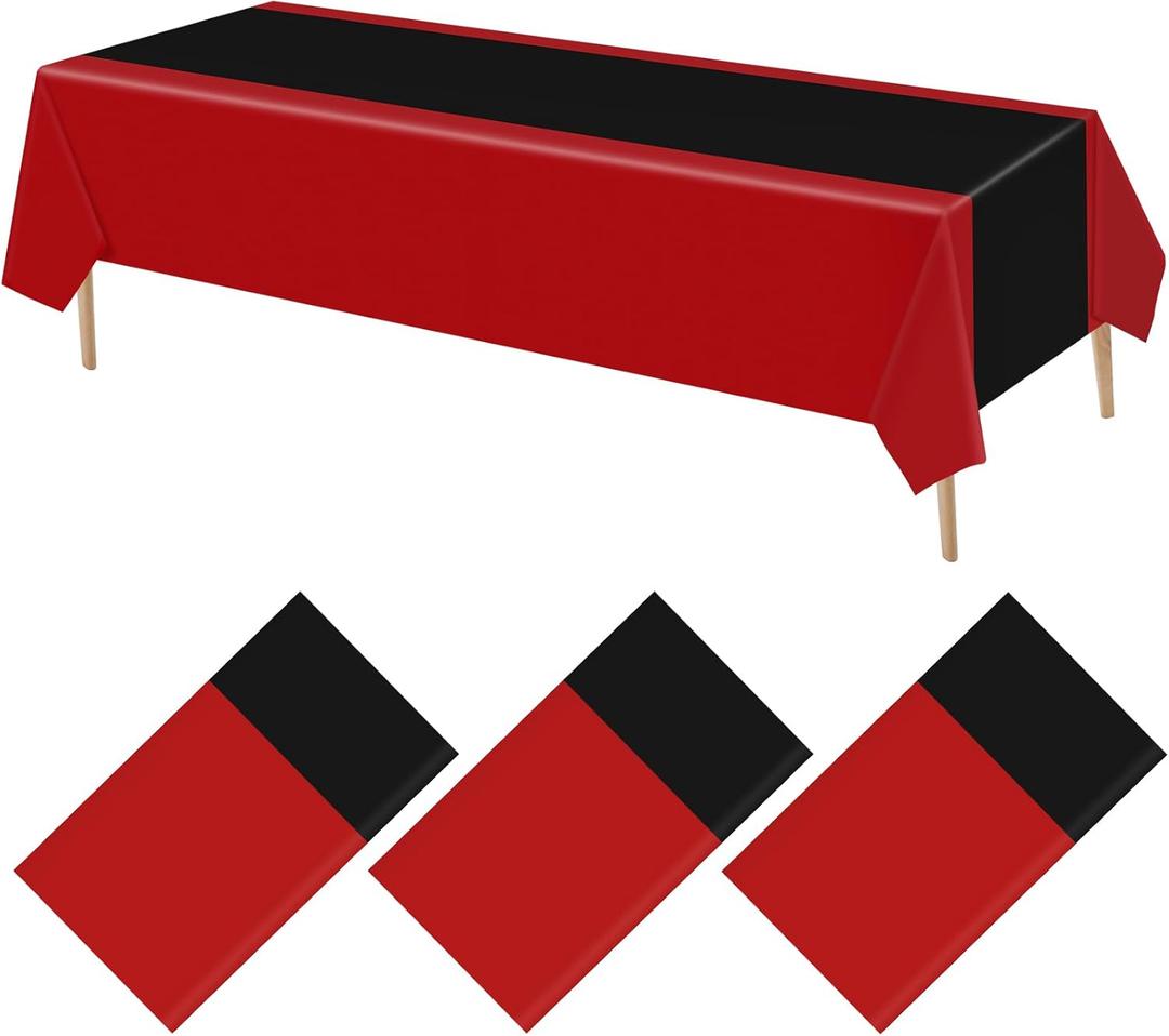 3 Pack Disposable Plastic Tablecloth Plastic Table Runner Rectangle Table Covers for Graduation Wedding Birthday Party Decorations 51" x 108"(Red and Black)