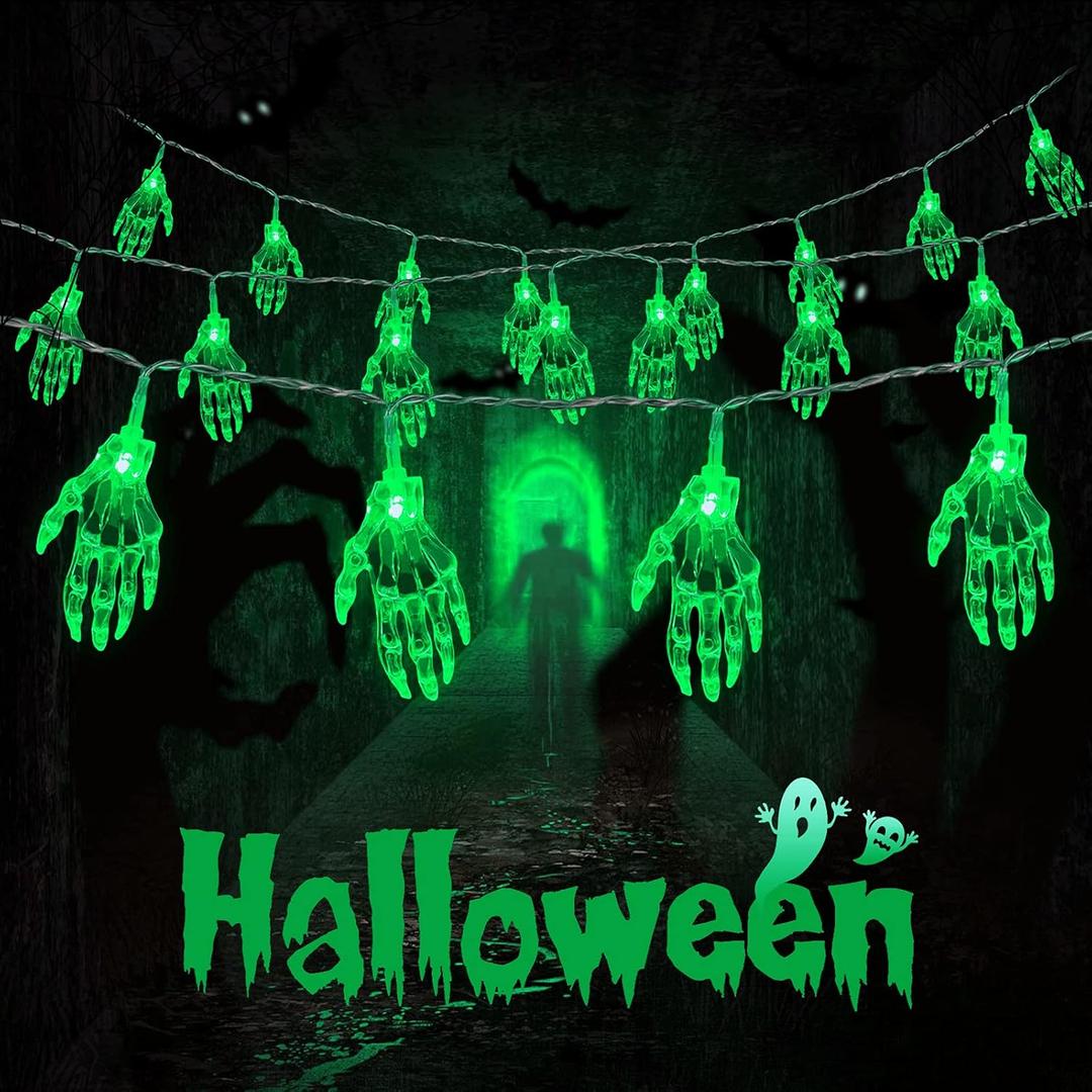 JMEXSUSS Halloween String Lights,15.2ft 30 LEDs Skeleton Hand String Lights Battery Operated, Halloween Lights Indoor & Outdoor for Cosplay Party Decor Home(Green)