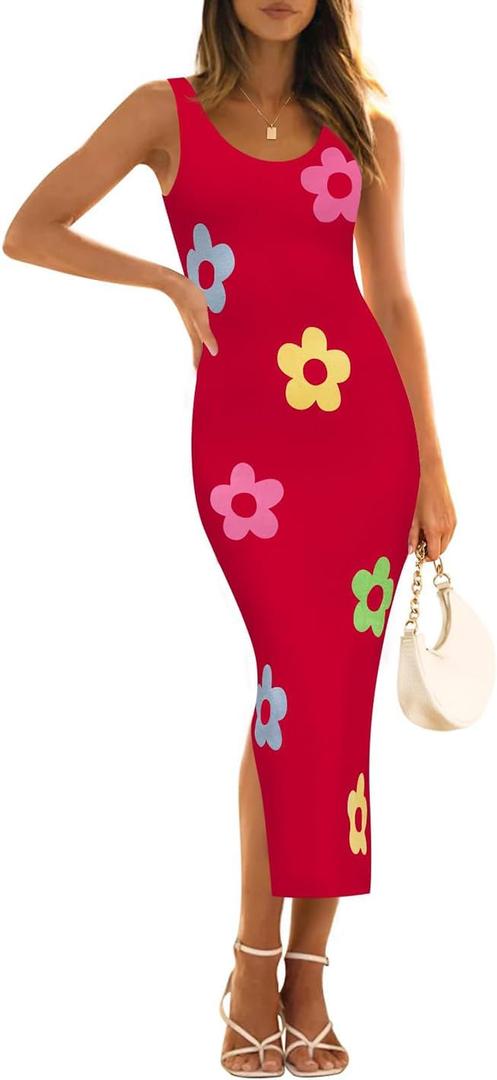 ZESICA Women's Summer Knit Bodycon Midi Dress 2026 Sleeveless Floral Crewneck Color Block Long Beach Party Dresses (Red, XL)