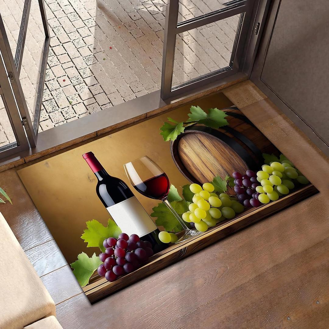 Grape Wine Bottle Door Mats Indoor,Farmhouse Wine Barrel Front Door Mat Non-Slip Low Profile Welcome Mat for Outdoor Entrance Indoor Rug Mat Home Patio, Porch, Hallways Floor 30 x 17 Inch
