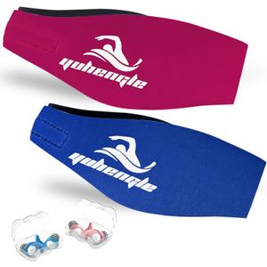 Swimming Headband for Adults - 2 Pairs Waterproof Ear Plugs & Adjustable Swim Ear Band,Keep Water Out and Hold Earplugs in - Water Headband for Surfing, Diving, Pool, Showering, and and Beach (1 Count (Pack of 4), 16+ Years/Adults---blue + Rose Red)