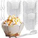 Flower Shape Mini Bowl - 2.7 Ounce - 50 Count - Clear Plastic Hexagonal Petal Shaped Dessert Cup - Appetizer Serving Bowl - Disposable or Reusable - Spoons Included