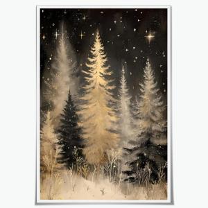 Moody Pine Tree Wall Art Cozy Christmas Room Decor Elegant Snowy Trees Stars Canvas Poster Vintage Aesthetic Winter Golden Forest Print Wall Decor for Living Kitchen Dining Room Unframed12x18inch (LEVEL-B)