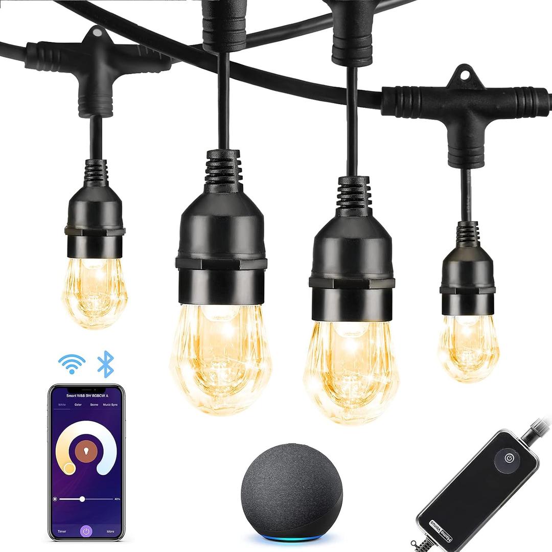 HVS Smart Outdoor String Lights LED 48Ft 24Bulbs Tunable Dimmable Warm White Waterproof Shatterproof Cafe Patio Lights,APP Control 2.4GHZ WiFi Alexa Google Balcony Backyard Porch(3 Core Wire, WW-48FT)