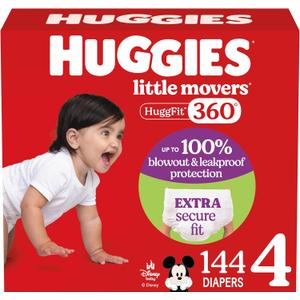 Huggies Size 4 Baby Diapers, Little Movers HuggFit 360 Baby Diapers with 360 Waistband, Size 4 (22-37 lbs), 144 Count, Packaging May Vary
