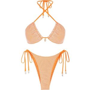 ZAFUL Women's Triangle Bikini Multiway Fishnet Tie Side Bandeau Halter String Bikini Set Two Piece Swimsuit Bathing Suits (1-orange)