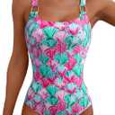 Herseas Women's Metal Ring Wide Straps One Piece Swimsuit Floral Print Tummy Control Bathing Suit, Sea Shell (L)