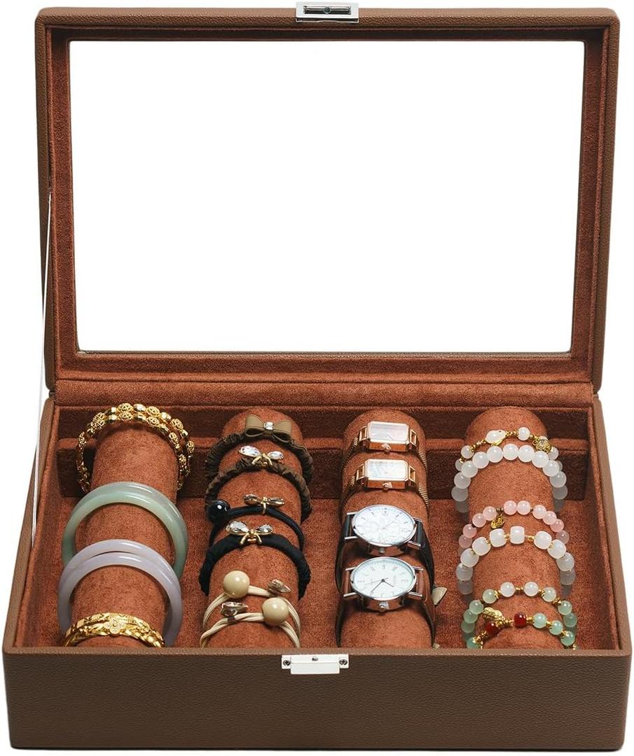 Bracelets Organizer Rods Bangles Display Holder, Clear See-Through Lid Leather Velvet Jewelry Storage Box Case for Women, 4 Rods Brown Leather
