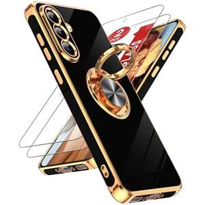 LeYi for Samsung Galaxy A56 5G Case: with 2 Pack Tempered Glass Screen Protector and 360° Rotatable Ring Holder Magnetic Kickstand, Plating Rose Gold Edge for Galaxy A 56 5G Case, Black