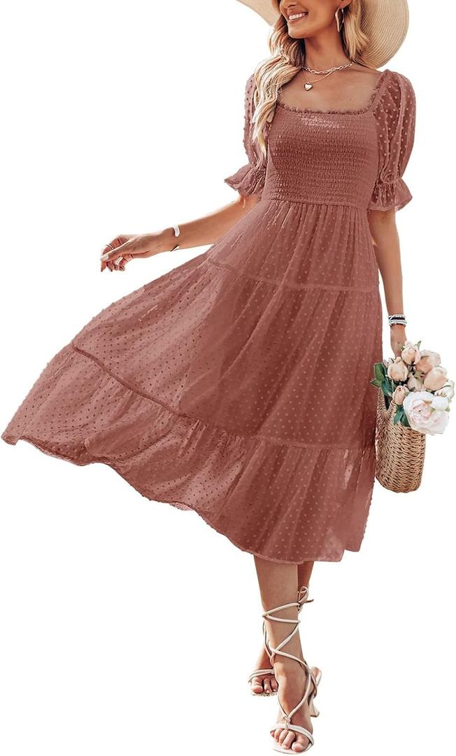 MEROKEETY Women's 2025 Summer Square Neck Puff Sleeve Boho Midi Dress Swiss Dot Ruffle Flowy Tie Back Dress (Mauve), Large 