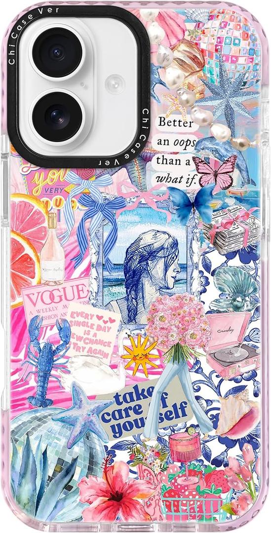 for iPhone 16 Plus Case, Coastal Collage Pattern, Military-Grade Drop Protection, Seaside Daydream Soft Slim TPU Protective Cover with Camera Protection for Women & Girls (BlueSummer)