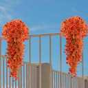 Artificial Hanging Fall Flowers for Outdoors, No Fade Faux Daisy with Eucalyptus Leaves, UV Resistant Fall Mums for Pot, Garden,Thankgiving Days, Home Decor (Orange Red, 4 Bundles+4 Hangings)